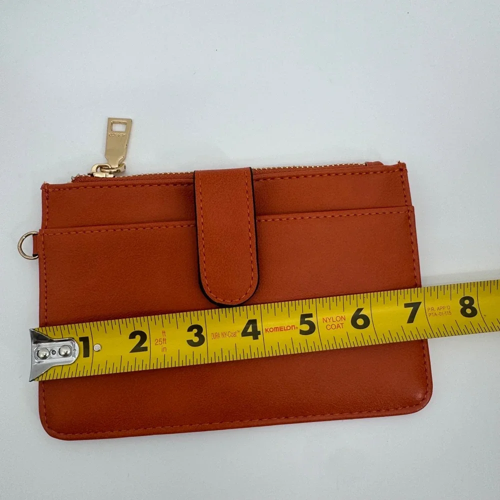 Jen & Co Burnt Orange Vegan Leather Slim Zip Card Case Wallet Gold Hardware